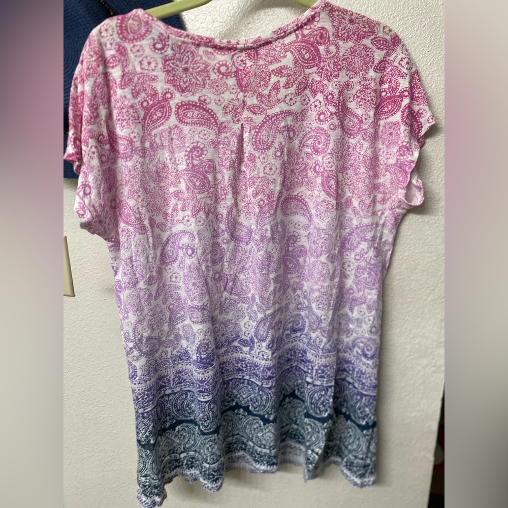 J. Jill Pink to Blue Ombre Paisley Short-Sleeve Tunic Blouse - Picture 3 of 5